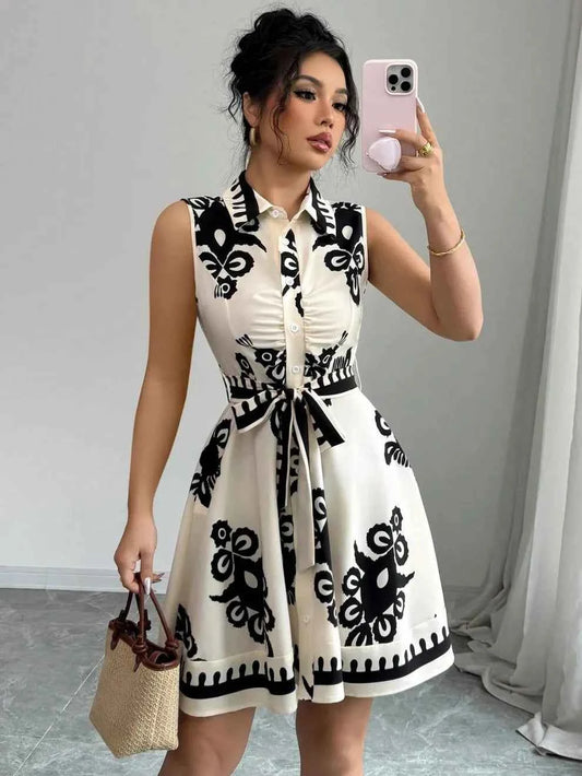 Printed Sleeveless Button Front Dress