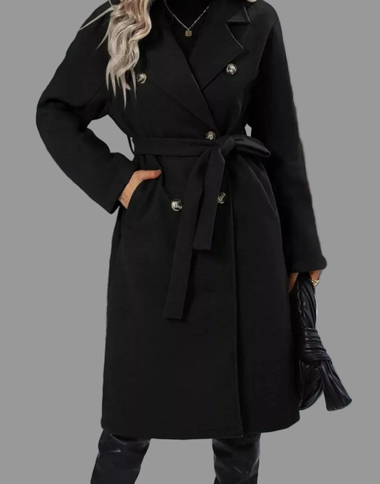 Double-Breasted Coat with Tie Waist Design - Clairevolve