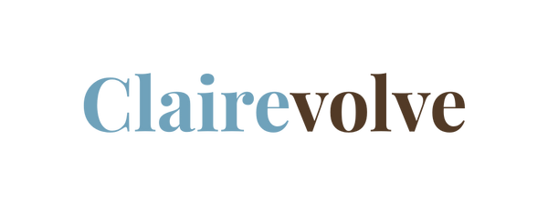 Logo of Clairevolve with 'Claire' in blue and 'volve' in brown on a white background