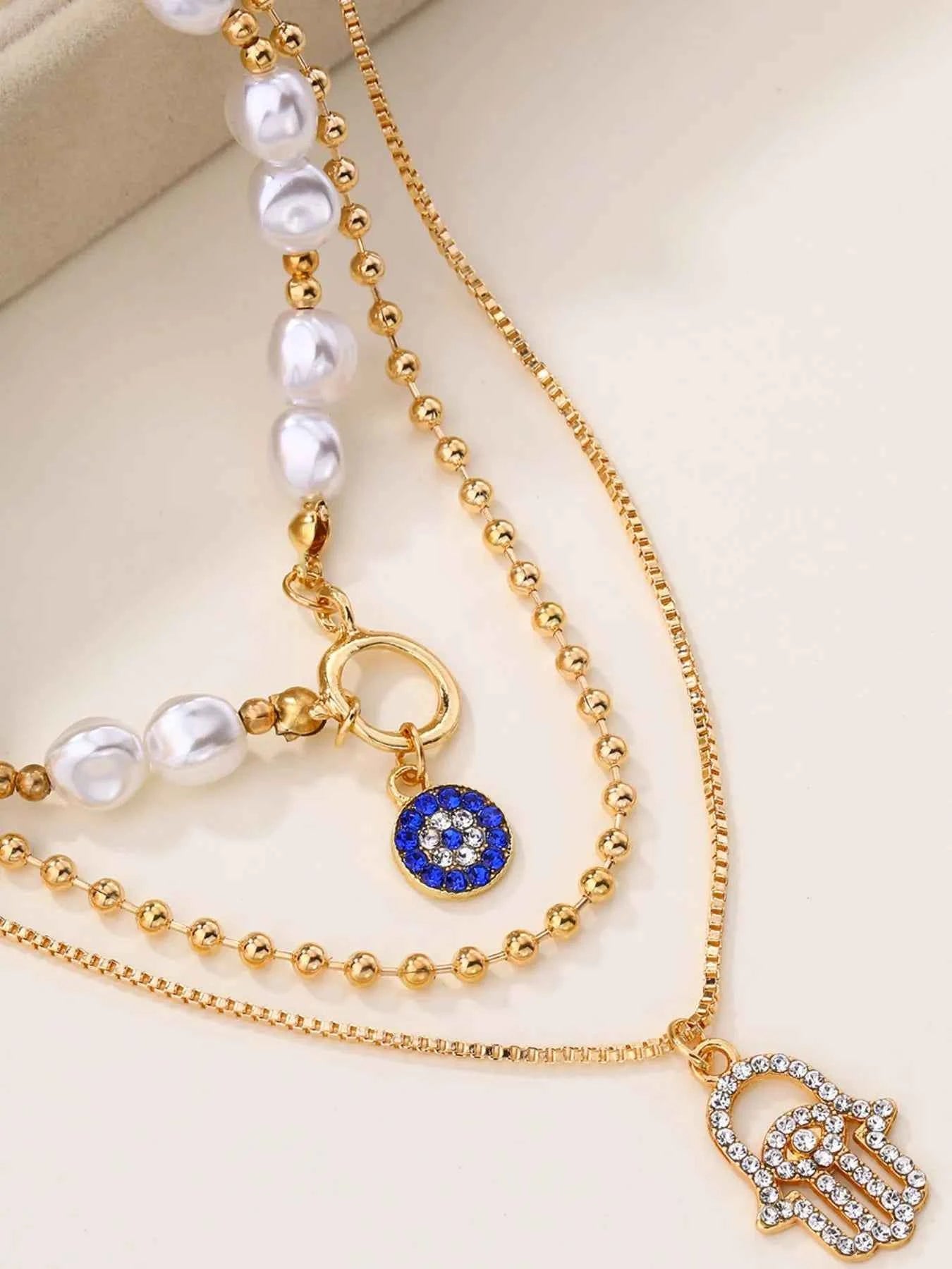 Layered Pearl Chain Evil Eye Pendant Necklace