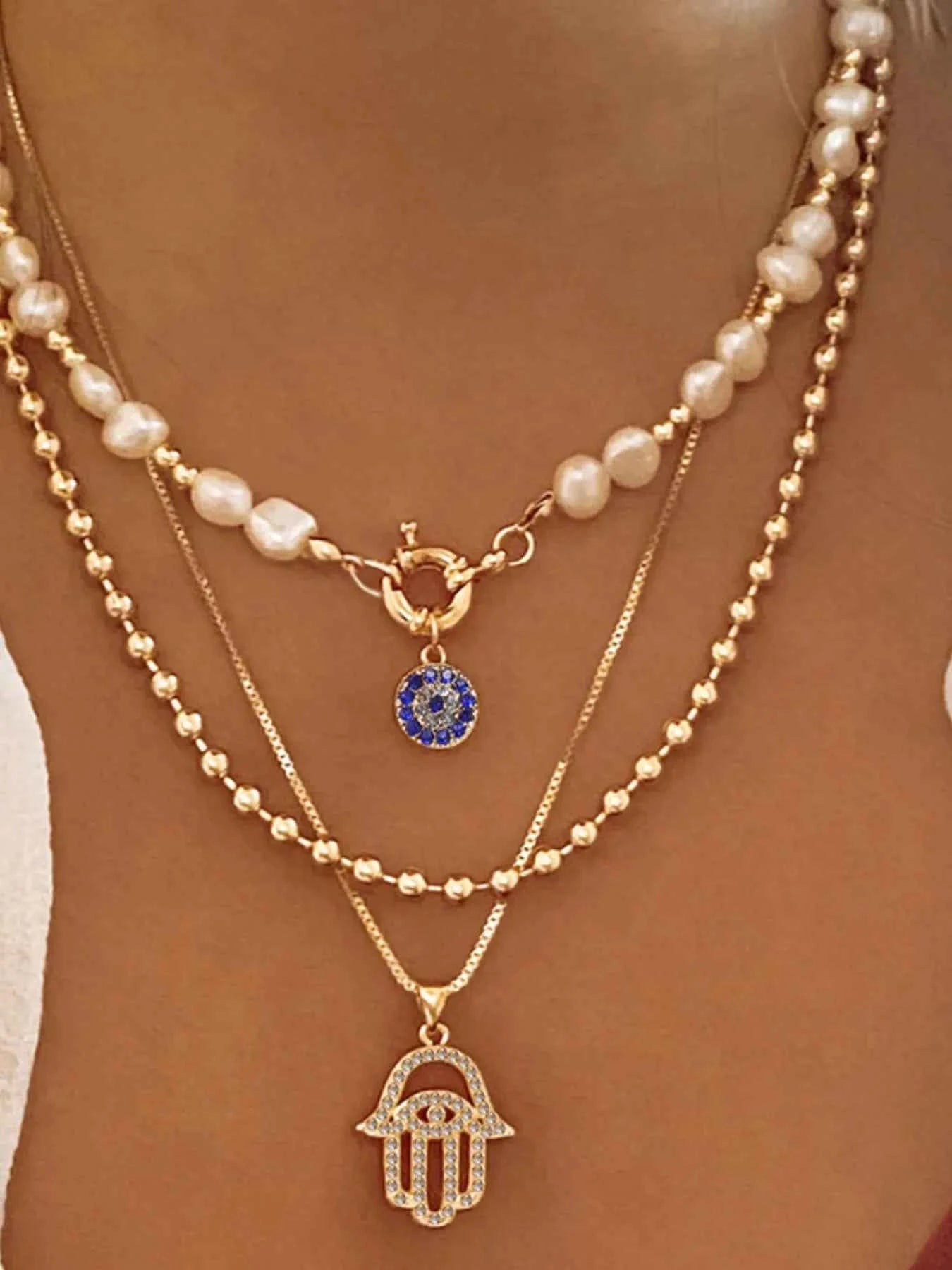 Layered Pearl Chain Evil Eye Pendant Necklace