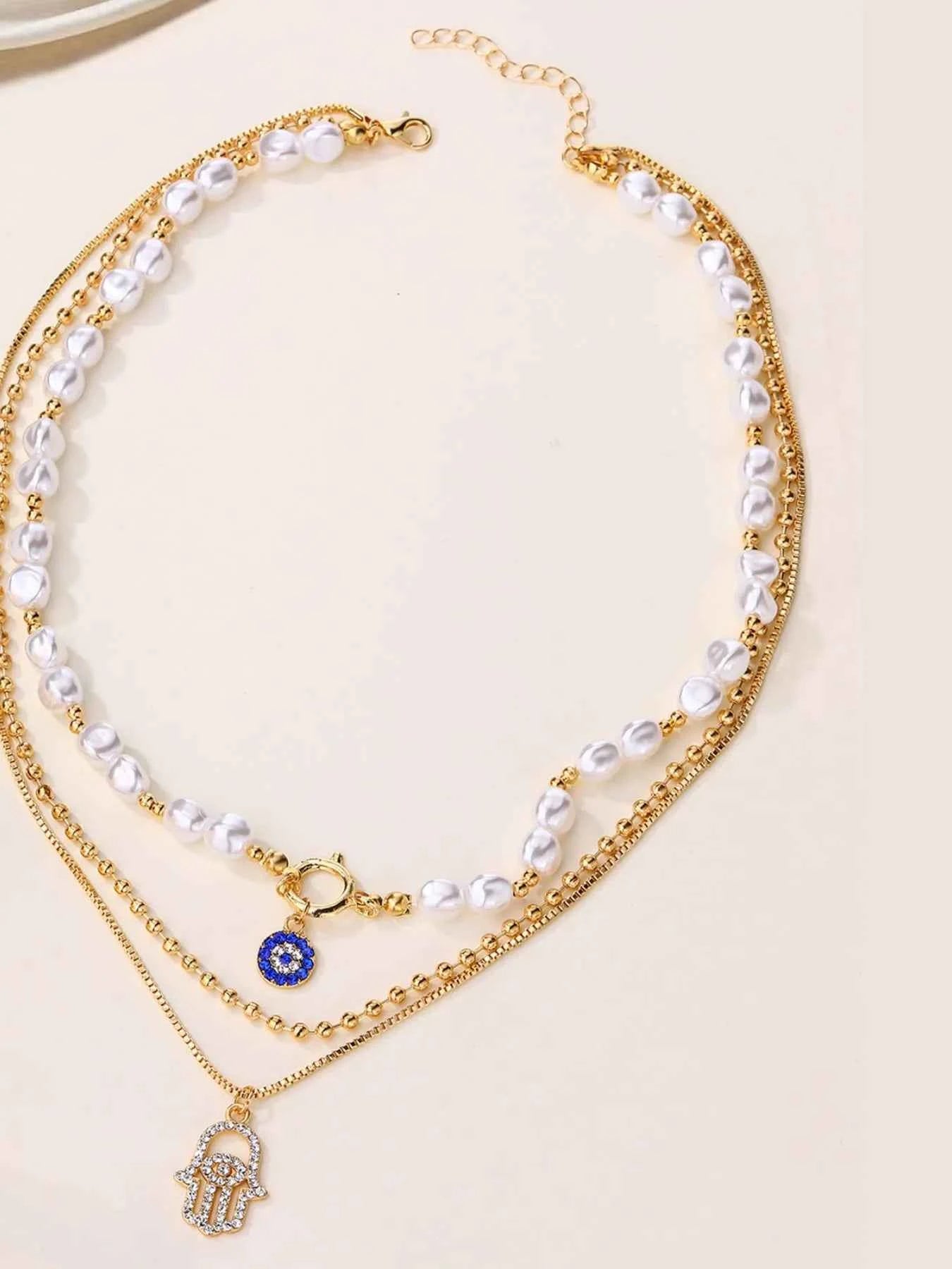 Layered Pearl Chain Evil Eye Pendant Necklace