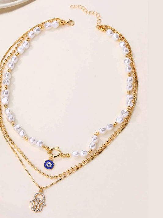 Layered Pearl Chain Evil Eye Pendant Necklace