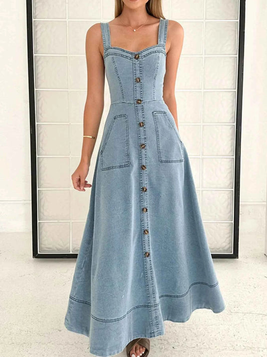 Wide Strap Sweetheart Neck Denim Dress